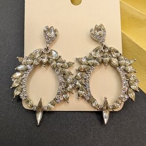Vintage Silver Rhinestone Crystal Leaf Earrings